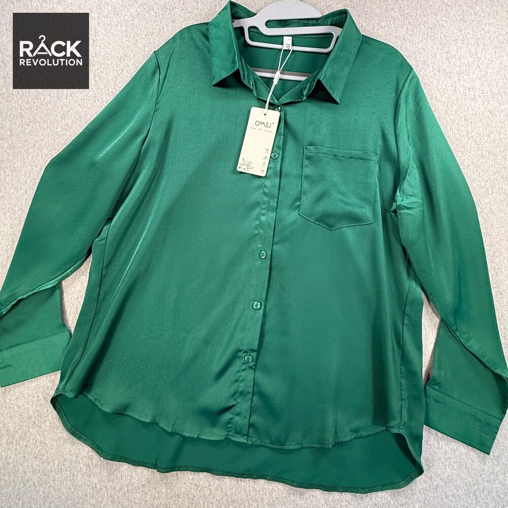 OMSJ Green Satin Button-Up Long Sleeve Shirt